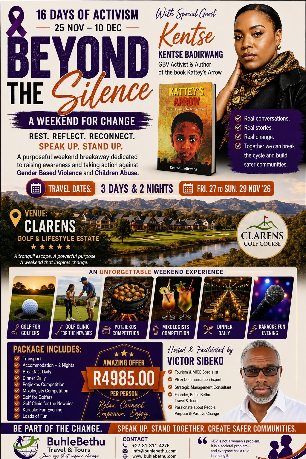 Official BuhleBethu flyer for the Beyond the Silence, A Weekend for Change, 16 Days of Activism, 27 to 29 November 2026, R4 985 per person