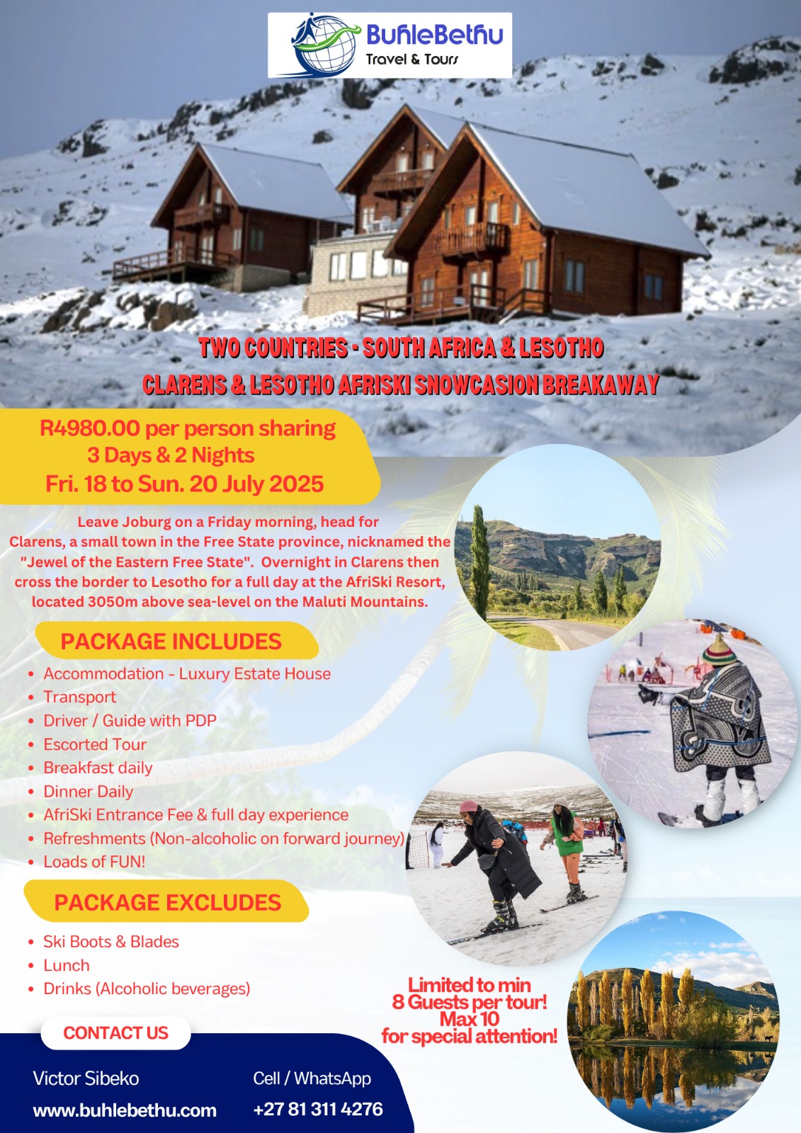 Official BuhleBethu flyer for the Clarens & Lesotho AfriSki Snowcasion Breakaway, South Africa & Lesotho, 18 to 20 July 2025, R4 980 per person sharing