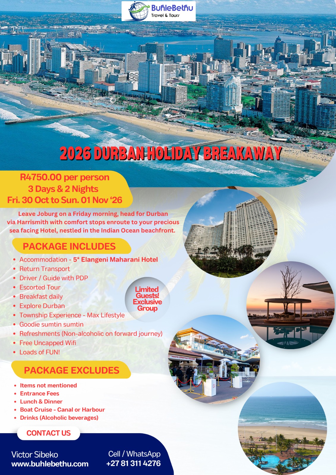 Official BuhleBethu flyer for the 2026 Durban Holiday Breakaway, Elangeni Maharani 5-Star, 30 October to 1 November 2026, R4 750 per person