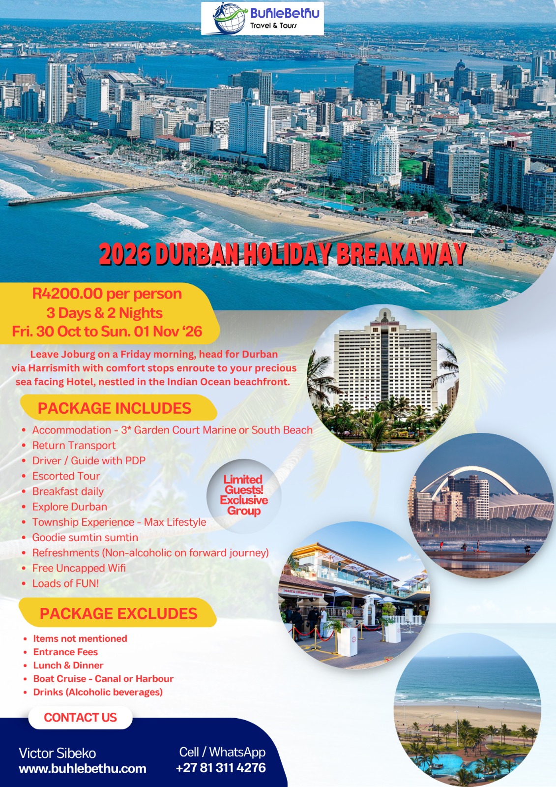 Official BuhleBethu flyer for the 2026 Durban Holiday Breakaway, Garden Court 3-Star, 30 October to 1 November 2026, R4 200 per person
