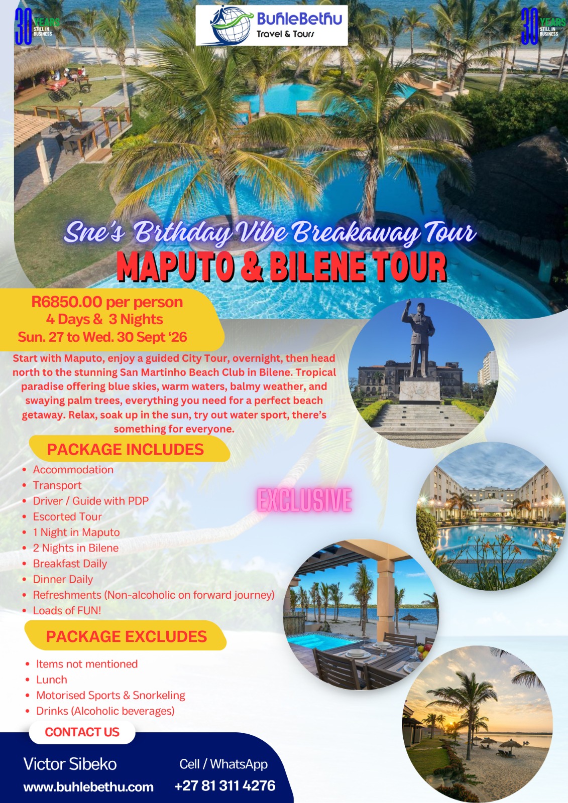 Official BuhleBethu flyer for the Maputo and Bilene Tour, Mozambique, 27 to 30 September 2026, R6 850 per person
