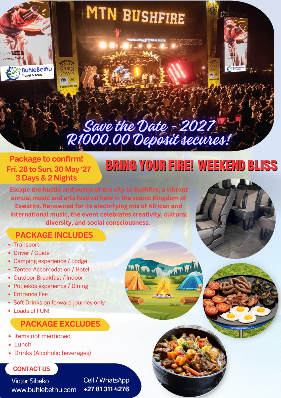 Official BuhleBethu flyer for the MTN Bushfire Weekend Bliss, Eswatini, 28 to 30 May 2027, R1 000 deposit per person