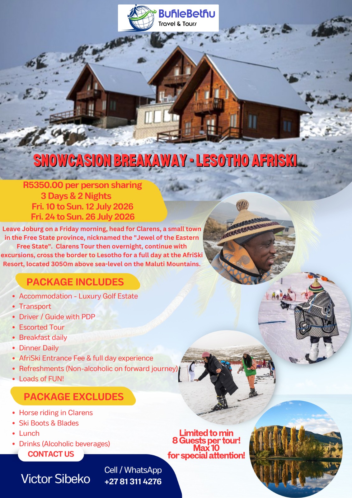 Official BuhleBethu flyer for the Snowcasion Breakaway, Lesotho AfriSki, 10 to 12 July 2026, R5 350 per person sharing