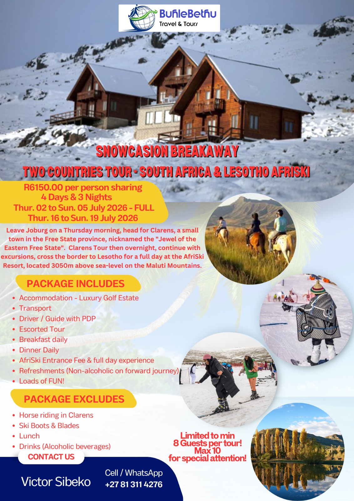 Official BuhleBethu flyer for the Snowcasion Breakaway, South Africa & Lesotho AfriSki, 2 to 5 July 2026, R6 150 per person sharing