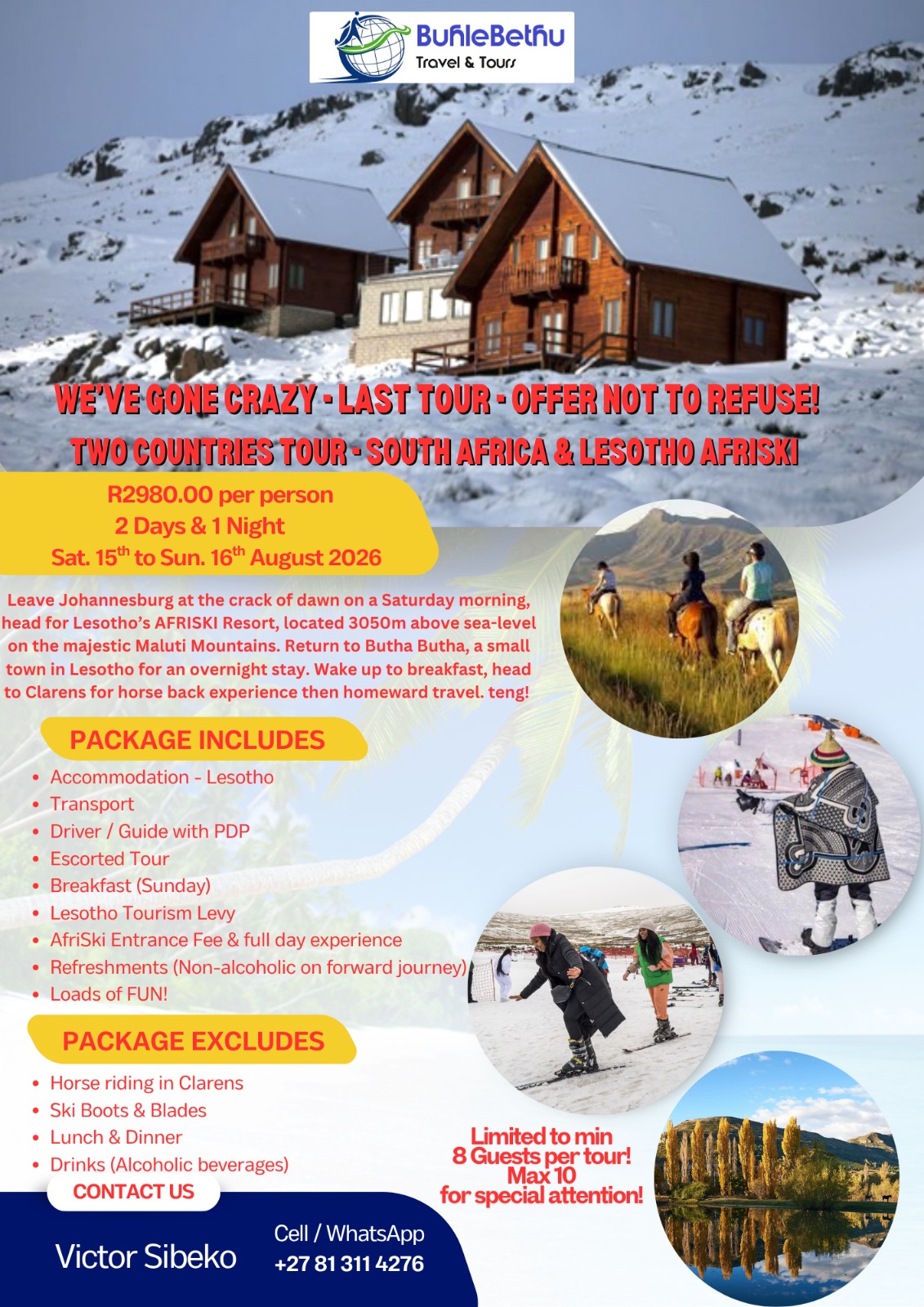 Official BuhleBethu flyer for the Two Countries Tour, South Africa & Lesotho AfriSki, 15 to 16 August 2026, R2 980 per person